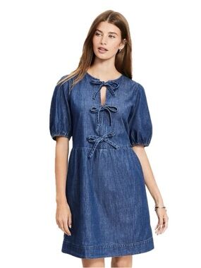Denim Tie-Front Puff Sleeve Dress - Blue
